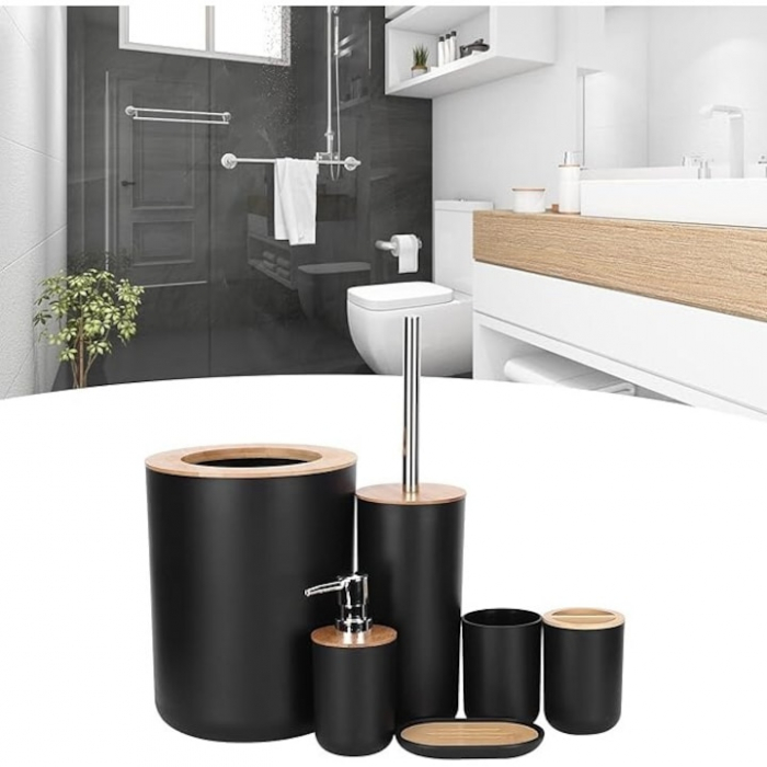 Set Accesorii Baie VarioShop®, 6 Piese: Cos de gunoi, Dozator de sapun lichid, Pahar pentru periuta de dinti, Sapuniera, Perie WC cu suport, Pahar, Material plastic si bambus, Culoare negru [11]