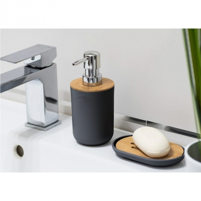 Set Accesorii Baie VarioShop®, 6 Piese: Cos de gunoi, Dozator de sapun lichid, Pahar pentru periuta de dinti, Sapuniera, Perie WC cu suport, Pahar, Material plastic si bambus, Culoare negru [22]