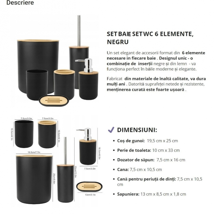 Set Accesorii Baie VarioShop®, 6 Piese: Cos de gunoi, Dozator de sapun lichid, Pahar pentru periuta de dinti, Sapuniera, Perie WC cu suport, Pahar, Material plastic si bambus, Culoare negru [4]
