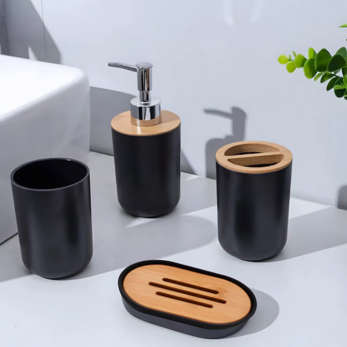 Set Accesorii Baie VarioShop®, 6 Piese: Cos de gunoi, Dozator de sapun lichid, Pahar pentru periuta de dinti, Sapuniera, Perie WC cu suport, Pahar, Material plastic si bambus, Culoare negru [28]