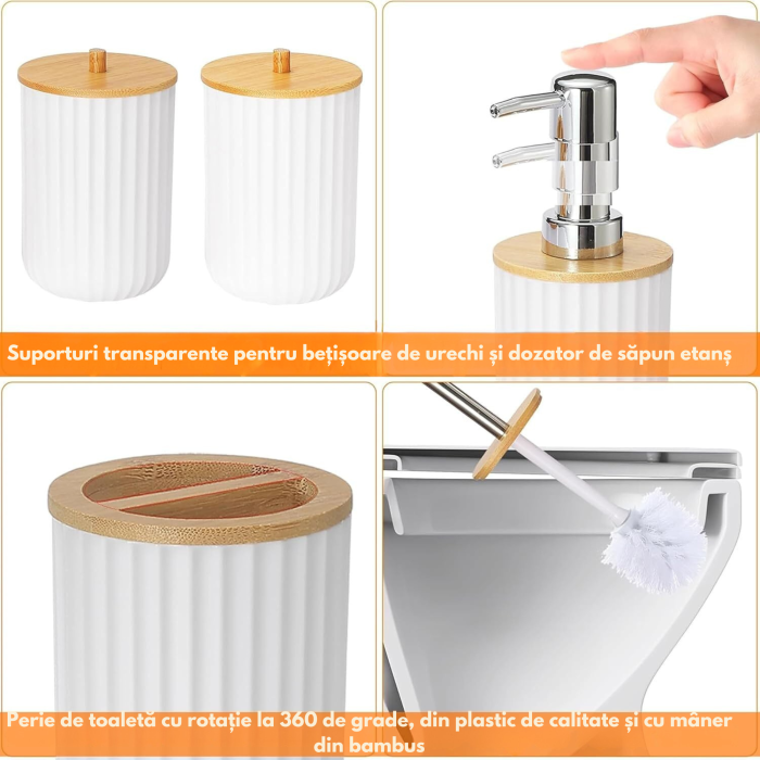 Set accesorii baie VarioShop®, 6 piese, pentru organizare, cu dozator săpun, săpunieră, perie WC și coș gunoi, PP, ABS, bambus, alb/maro [5]
