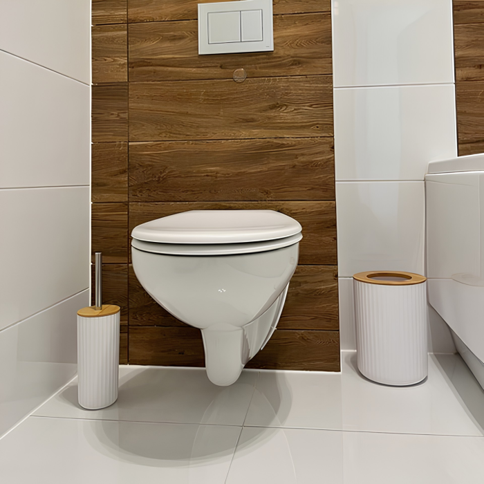 Set accesorii baie VarioShop®, 6 piese, pentru organizare, cu dozator săpun, săpunieră, perie WC și coș gunoi, PP, ABS, bambus, alb/maro [4]