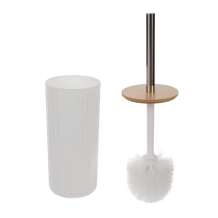 Set accesorii baie VarioShop®, 6 piese, pentru organizare, cu dozator săpun, săpunieră, perie WC și coș gunoi, PP, ABS, bambus, alb/maro [9]