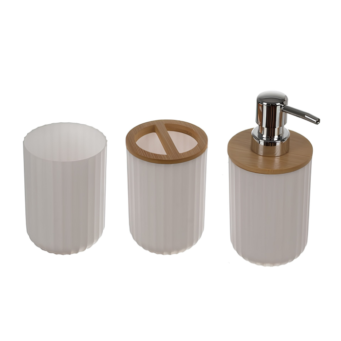 Set accesorii baie VarioShop®, 6 piese, pentru organizare, cu dozator săpun, săpunieră, perie WC și coș gunoi, PP, ABS, bambus, alb/maro [2]