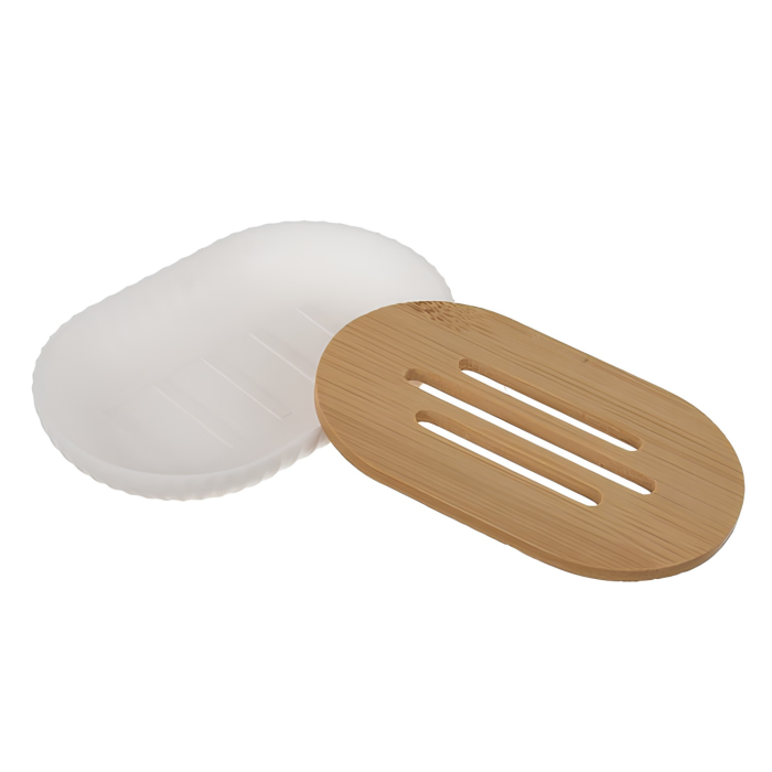 Set accesorii baie VarioShop®, 6 piese, pentru organizare, cu dozator săpun, săpunieră, perie WC și coș gunoi, PP, ABS, bambus, alb/maro [10]