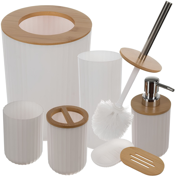 Set accesorii baie VarioShop®, 6 piese, pentru organizare, cu dozator săpun, săpunieră, perie WC și coș gunoi, PP, ABS, bambus, alb/maro [6]