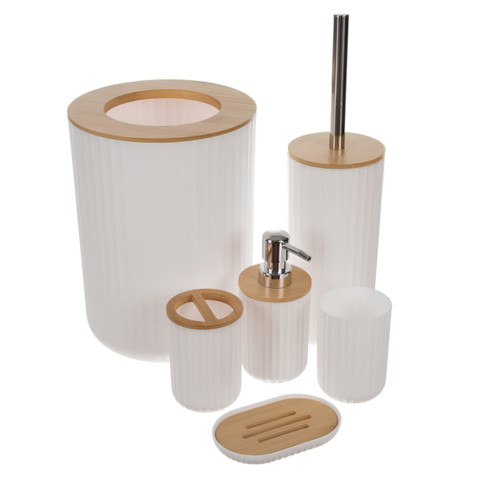 Set accesorii baie VarioShop®, 6 piese, pentru organizare, cu dozator săpun, săpunieră, perie WC și coș gunoi, PP, ABS, bambus, alb/maro [7]