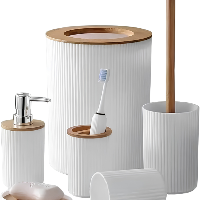 Set accesorii baie VarioShop®, 6 piese, pentru organizare, cu dozator săpun, săpunieră, perie WC și coș gunoi, PP, ABS, bambus, alb/maro [3]