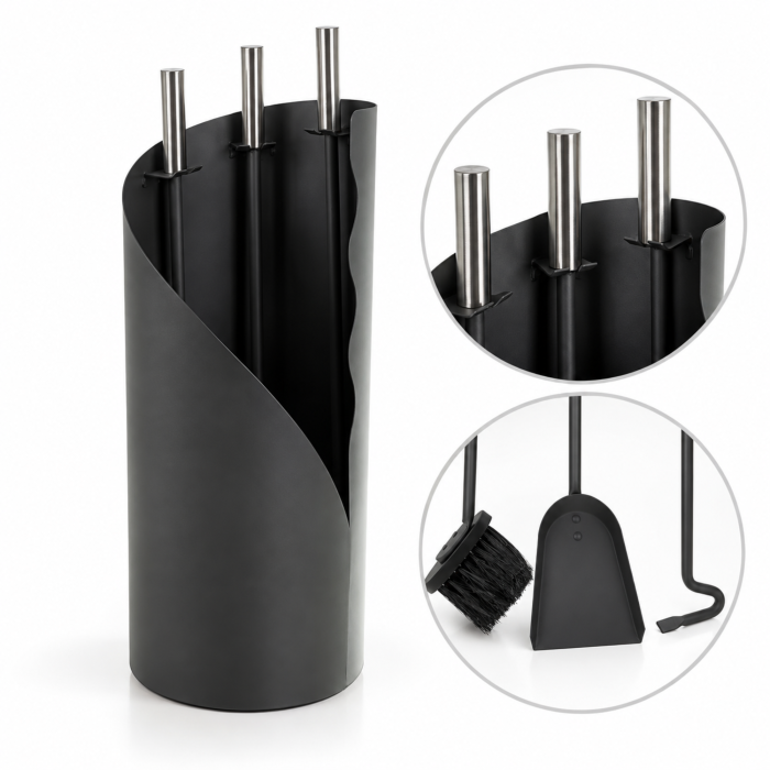 Set 3 accesorii semineu VarioShop®, pentru curatare si intretinere, lopata, matura si vatrai, suport inclus, 23 x 60 cm, otel si inox [10]