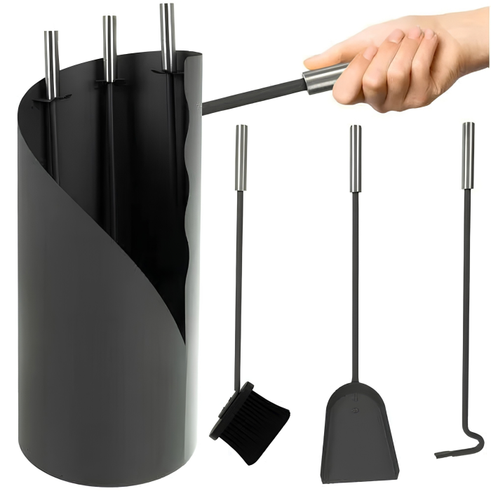 Set 3 accesorii semineu VarioShop®, pentru curatare si intretinere, lopata, matura si vatrai, suport inclus, 23 x 60 cm, otel si inox [2]