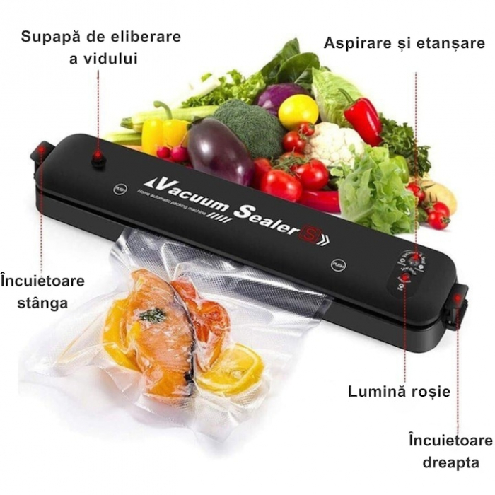 Aparat de vidat si sigilat VarioShop®, usor de utilizat, potrivit pentru carne, legume, fructe, 10 pungi pentru vidat si sigilat, 220V, 90W, Negru [3]