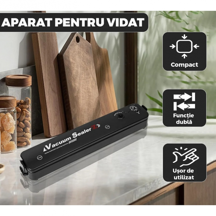 Set aparat de sigilat si vidat si 3 role pungi vidare VarioShop®, usor de utilizat, potrivit pentru carne, legume, fructe, 220V, 90W, 28 x 300 cm, Negru/Transparent [2]