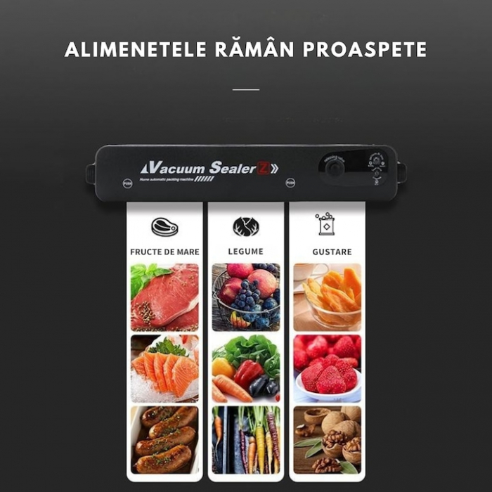 Aparat de vidat si sigilat VarioShop®, usor de utilizat, potrivit pentru carne, legume, fructe, 10 pungi pentru vidat si sigilat, 220V, 90W, Negru [10]