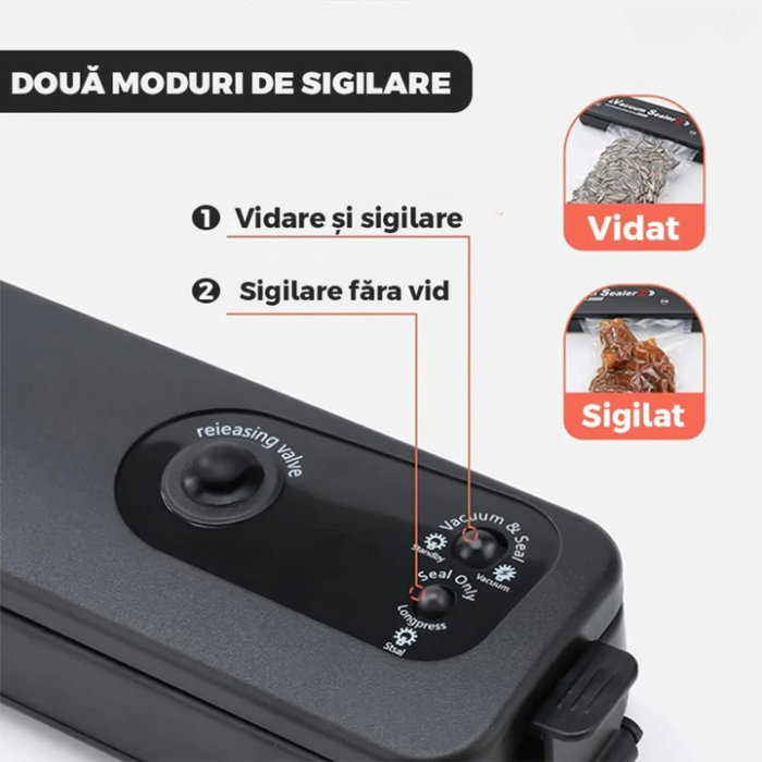 Set aparat de sigilat si vidat si 3 role pungi vidare VarioShop®, usor de utilizat, potrivit pentru carne, legume, fructe, 220V, 90W, 28 x 300 cm, Negru/Transparent [5]