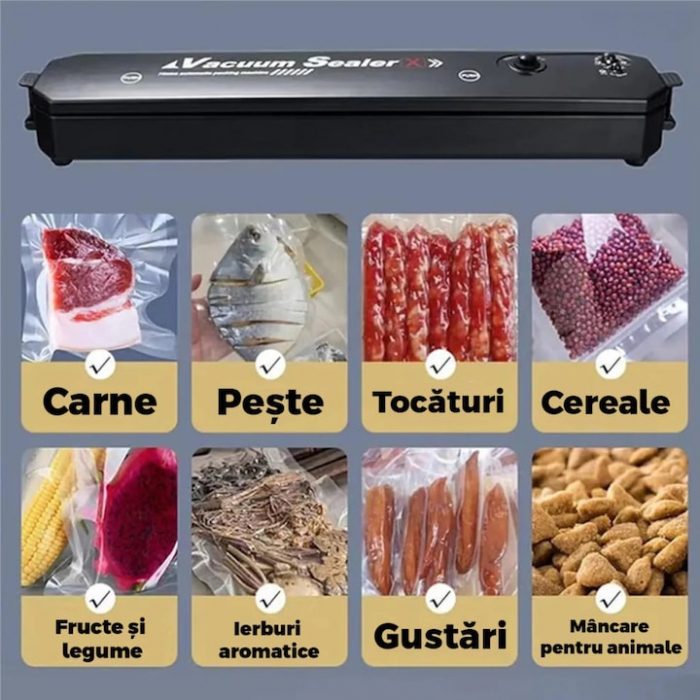 Set aparat de sigilat si vidat si 3 role pungi vidare VarioShop®, usor de utilizat, potrivit pentru carne, legume, fructe, 220V, 90W, 28 x 300 cm, Negru/Transparent [6]