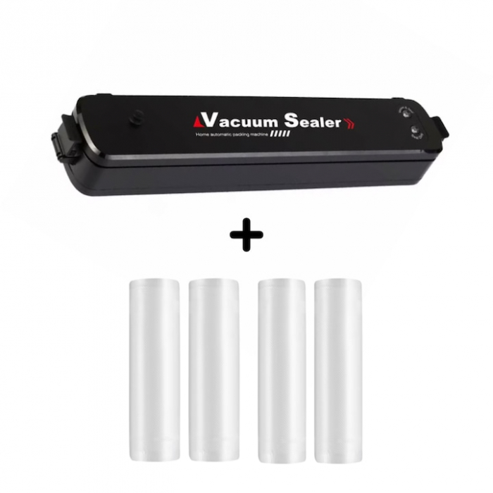 Set aparat de sigilat si vidat si 3 role pungi vidare VarioShop®, usor de utilizat, potrivit pentru carne, legume, fructe, 220V, 90W, 28 x 300 cm, Negru/Transparent [1]