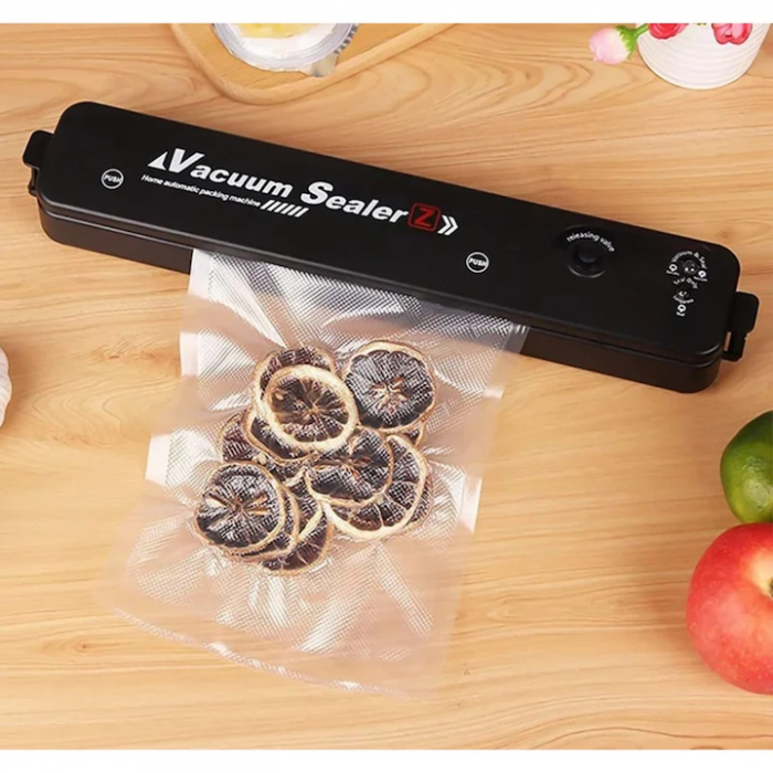 Set aparat de sigilat si vidat si 3 role pungi vidare VarioShop®, usor de utilizat, potrivit pentru carne, legume, fructe, 220V, 90W, 28 x 300 cm, Negru/Transparent [23]