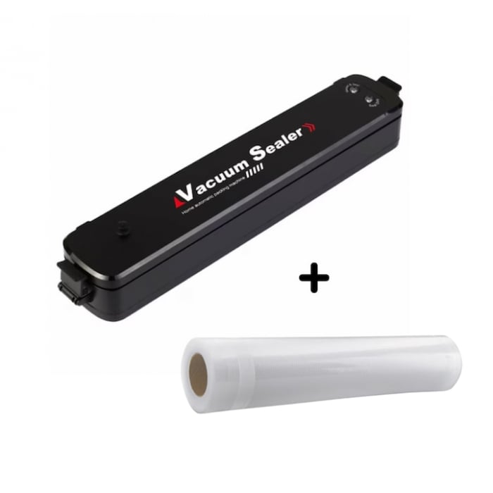 Set aparat de sigilat si vidat VarioShop®, cu 1 rola de vidat, usor de utilizat, potrivit pentru carne, legume, fructe, 220V, 90W, 28 x 300 cm, Negru/Transparent [1]