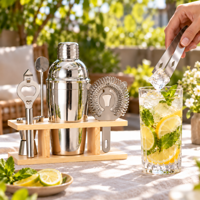 Set barman VarioShop® 6 piese, pentru cocktailuri, bauturi alcoolice si nealcoolice, cu shaker si suport pentru accesorii, inox, argintiu [5]
