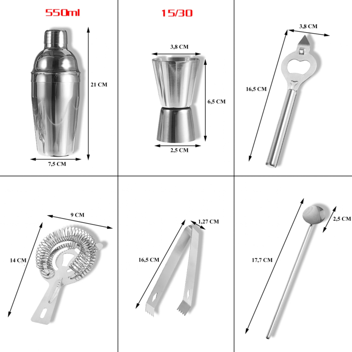 Set barman VarioShop® 6 piese, pentru cocktailuri, bauturi alcoolice si nealcoolice, cu shaker si suport pentru accesorii, inox, argintiu [4]