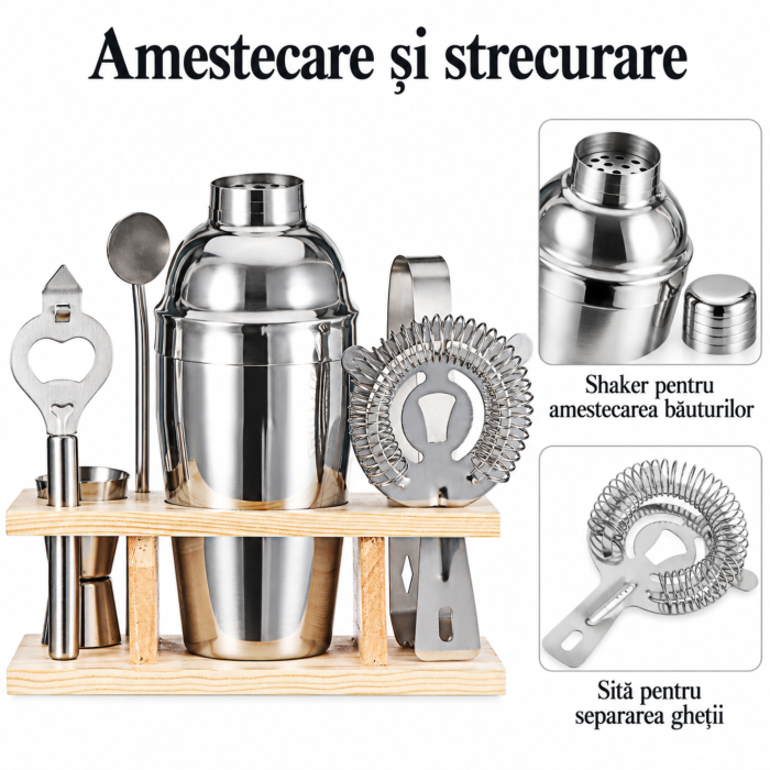 Set barman VarioShop® 6 piese, pentru cocktailuri, bauturi alcoolice si nealcoolice, cu shaker si suport pentru accesorii, inox, argintiu [6]