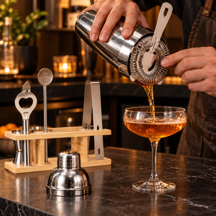 Set barman VarioShop® 6 piese, pentru cocktailuri, bauturi alcoolice si nealcoolice, cu shaker si suport pentru accesorii, inox, argintiu [3]