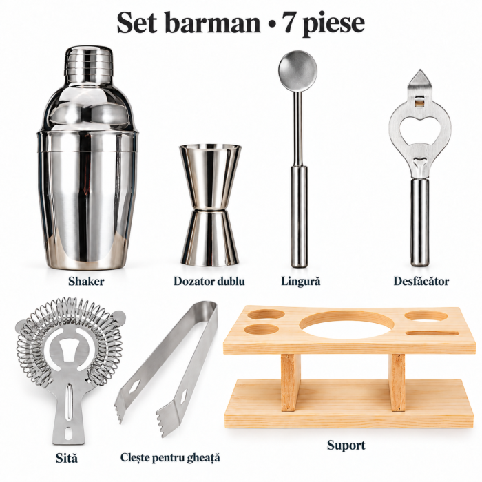 Set barman VarioShop® 6 piese, pentru cocktailuri, bauturi alcoolice si nealcoolice, cu shaker si suport pentru accesorii, inox, argintiu [8]