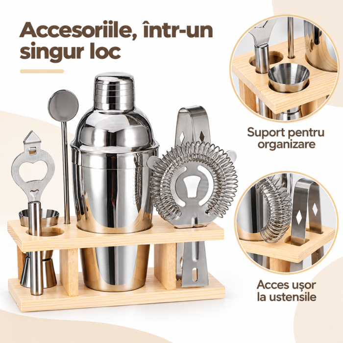 Set barman VarioShop® 6 piese, pentru cocktailuri, bauturi alcoolice si nealcoolice, cu shaker si suport pentru accesorii, inox, argintiu [7]
