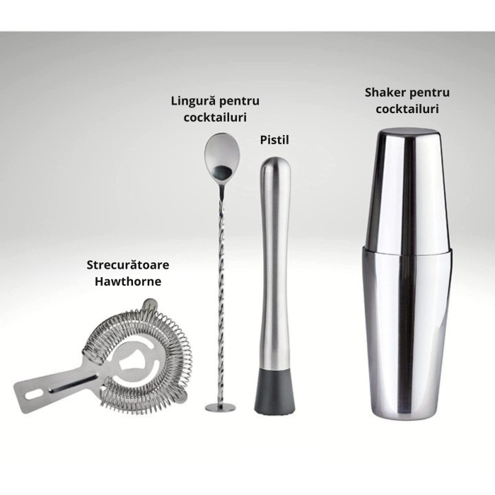 Set barman VarioShop® 8 piese, pentru cocktailuri, bauturi alcoolice si nealcoolice, shaker, lingura, strecuratoare, dozatoare, cleste si pahar [2]