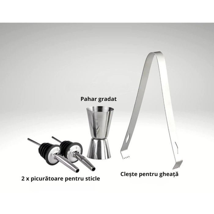 Set barman VarioShop® 8 piese, pentru cocktailuri, bauturi alcoolice si nealcoolice, shaker, lingura, strecuratoare, dozatoare, cleste si pahar [3]