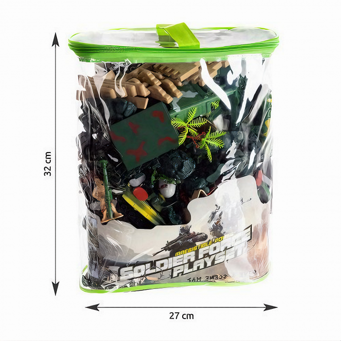 Set baza militara VarioShop®, 300 piese din plastic, geanta de depozitare cu fermoar inclusa, soldati, arme, tancuri, avion, tunuri, cladiri, sarma, copaci si multe alte accesorii, Dimensiuni 27 x 12 [19]