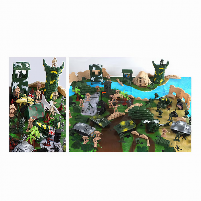 Set baza militara VarioShop®, 300 piese din plastic, geanta de depozitare cu fermoar inclusa, soldati, arme, tancuri, avion, tunuri, cladiri, sarma, copaci si multe alte accesorii, Dimensiuni 27 x 12 [7]
