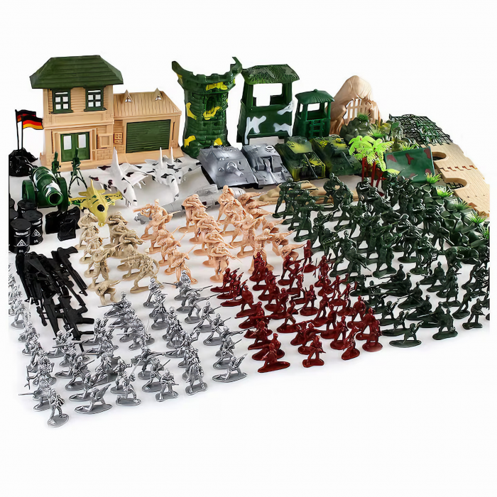 Set baza militara VarioShop®, 300 piese din plastic, geanta de depozitare cu fermoar inclusa, soldati, arme, tancuri, avion, tunuri, cladiri, sarma, copaci si multe alte accesorii, Dimensiuni 27 x 12 [1]