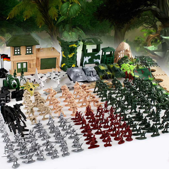 Set baza militara VarioShop®, 300 piese din plastic, geanta de depozitare cu fermoar inclusa, soldati, arme, tancuri, avion, tunuri, cladiri, sarma, copaci si multe alte accesorii, Dimensiuni 27 x 12 [6]