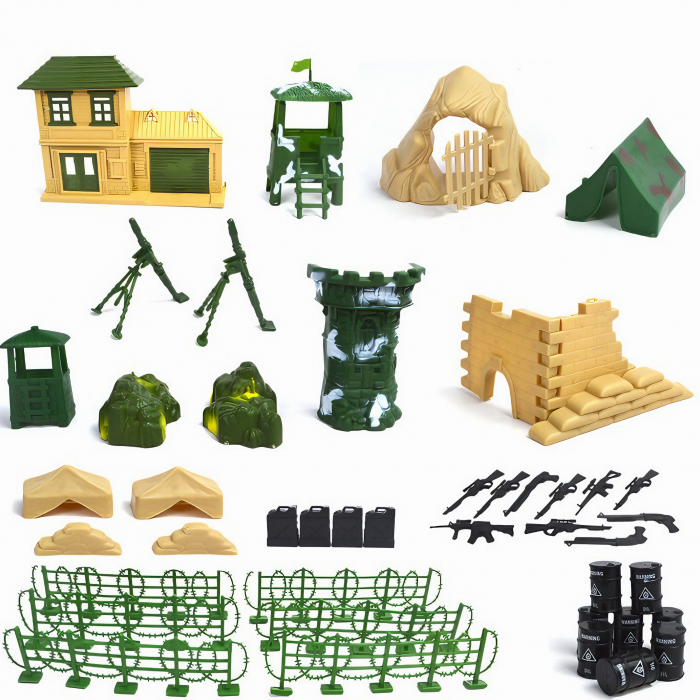 Set baza militara VarioShop®, 300 piese din plastic, geanta de depozitare cu fermoar inclusa, soldati, arme, tancuri, avion, tunuri, cladiri, sarma, copaci si multe alte accesorii, Dimensiuni 27 x 12 [10]
