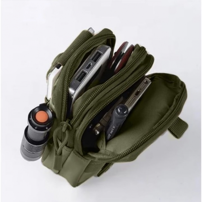 Set borseta si centura militara pentru barbati VarioShop®, 2 compartimente, buzunar pentru telefon, rezistenta la apa, 13 x 5 x 17 cm, Verde [13]