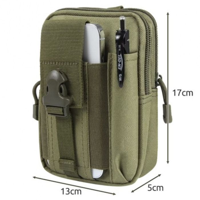 Set borseta si centura militara pentru barbati VarioShop®, 2 compartimente, buzunar pentru telefon, rezistenta la apa, 13 x 5 x 17 cm, Verde [14]