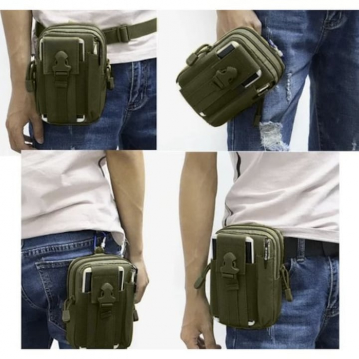 Set borseta si centura militara pentru barbati VarioShop®, 2 compartimente, buzunar pentru telefon, rezistenta la apa, 13 x 5 x 17 cm, Verde [3]