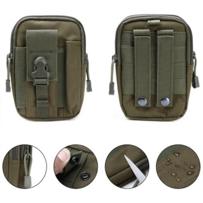 Set borseta si centura militara pentru barbati VarioShop®, 2 compartimente, buzunar pentru telefon, rezistenta la apa, 13 x 5 x 17 cm, Verde [4]