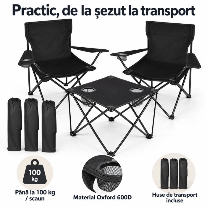 Set camping VarioShop, pentru pescuit si excursii, 2 scaune pliabile si masa, cotiere reglabile, huse transport, Oxford 600D, 46×46×45 cm, negru [5]