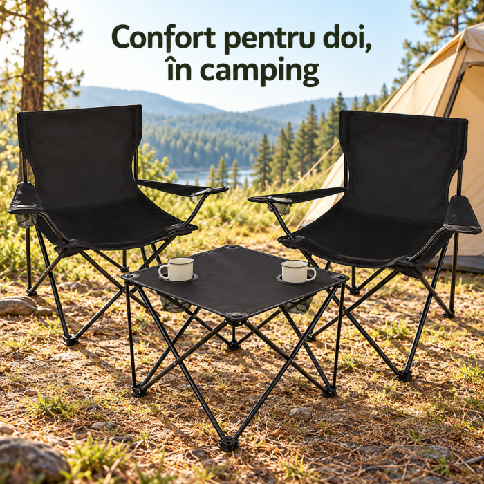 Set camping VarioShop, pentru pescuit si excursii, 2 scaune pliabile si masa, cotiere reglabile, huse transport, Oxford 600D, 46×46×45 cm, negru [2]