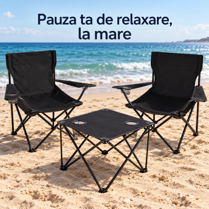 Set camping VarioShop, pentru pescuit si excursii, 2 scaune pliabile si masa, cotiere reglabile, huse transport, Oxford 600D, 46×46×45 cm, negru [8]