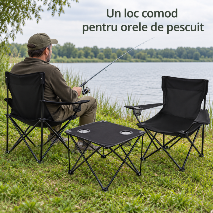 Set camping VarioShop, pentru pescuit si excursii, 2 scaune pliabile si masa, cotiere reglabile, huse transport, Oxford 600D, 46×46×45 cm, negru [6]