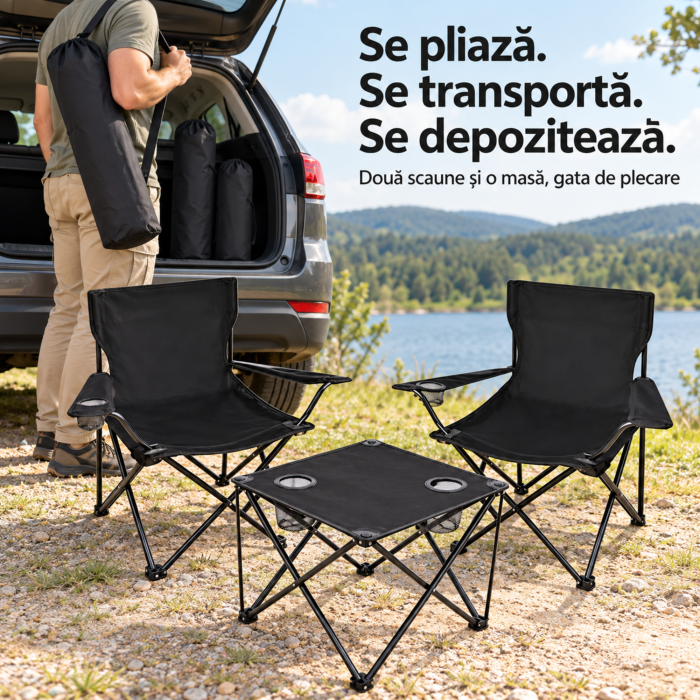 Set camping VarioShop, pentru pescuit si excursii, 2 scaune pliabile si masa, cotiere reglabile, huse transport, Oxford 600D, 46×46×45 cm, negru [7]