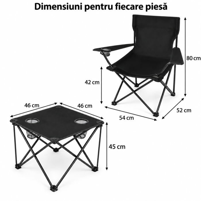 Set camping VarioShop, pentru pescuit si excursii, 2 scaune pliabile si masa, cotiere reglabile, huse transport, Oxford 600D, 46×46×45 cm, negru [4]