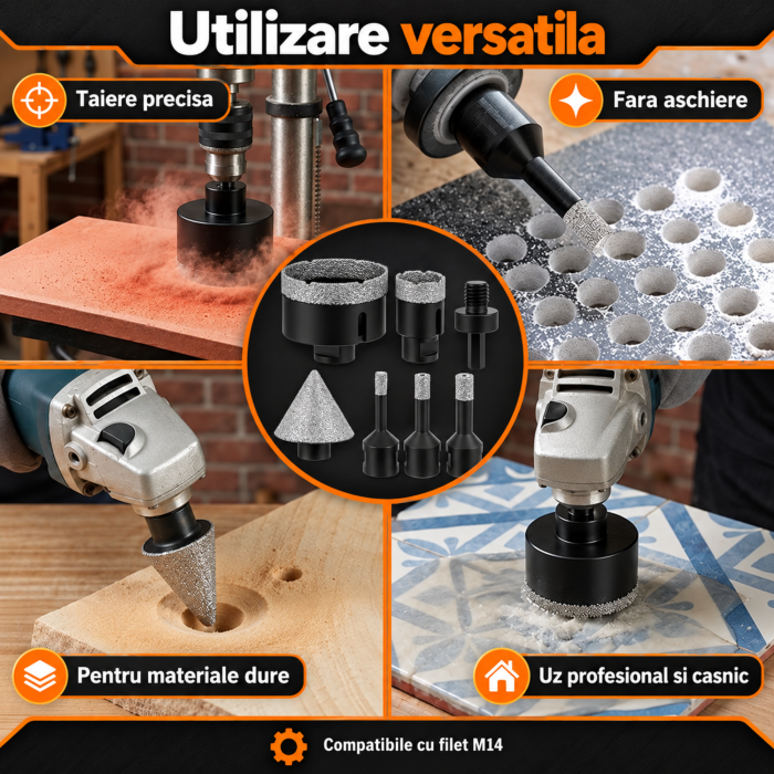 Set carote diamantate VarioShop®, 5 bucati, M14, diametre 6/8/10/35/68 mm, freza conica 2-50 mm, strat diamantat 15 mm, adaptor si valiza inclusa [2]