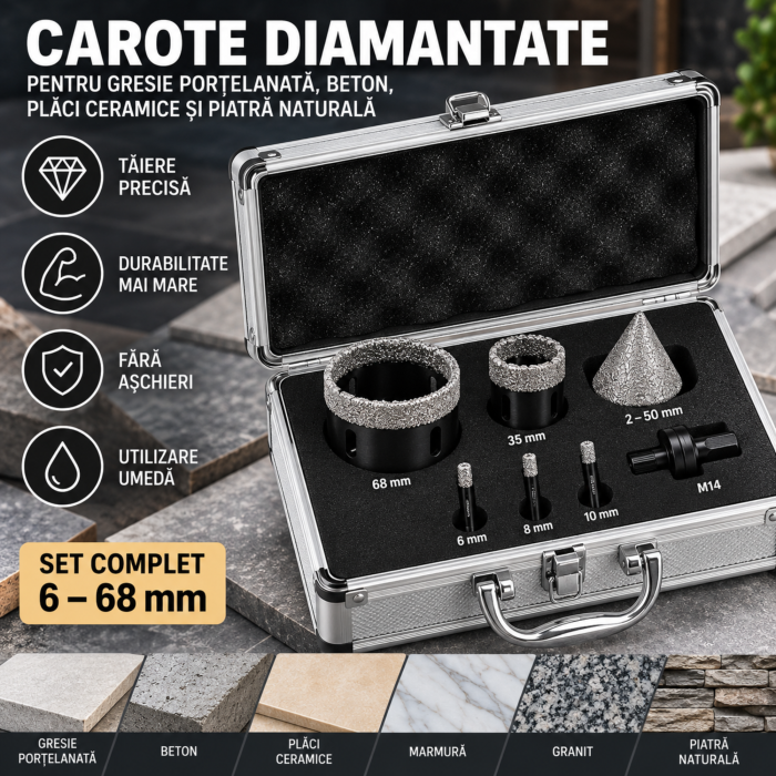 Set carote diamantate VarioShop®, 5 bucati, M14, diametre 6/8/10/35/68 mm, freza conica 2-50 mm, strat diamantat 15 mm, adaptor si valiza inclusa [6]