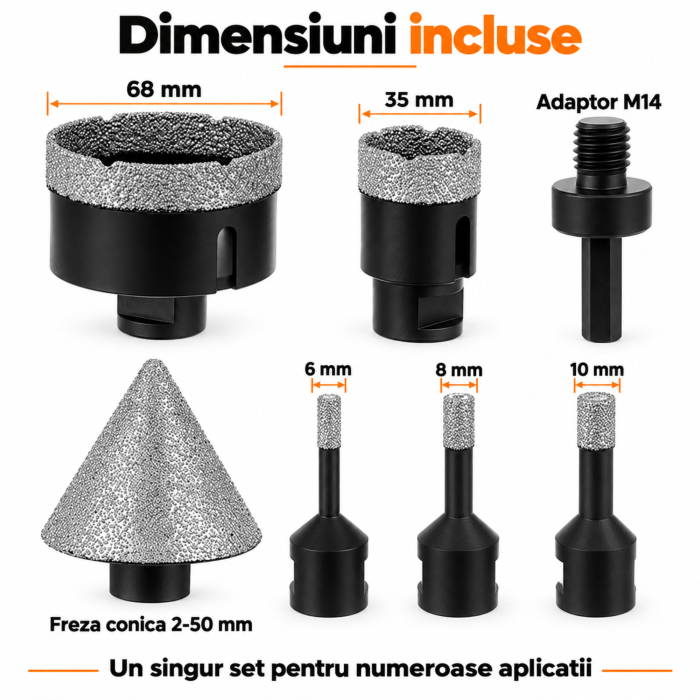 Set carote diamantate VarioShop®, 5 bucati, M14, diametre 6/8/10/35/68 mm, freza conica 2-50 mm, strat diamantat 15 mm, adaptor si valiza inclusa [8]