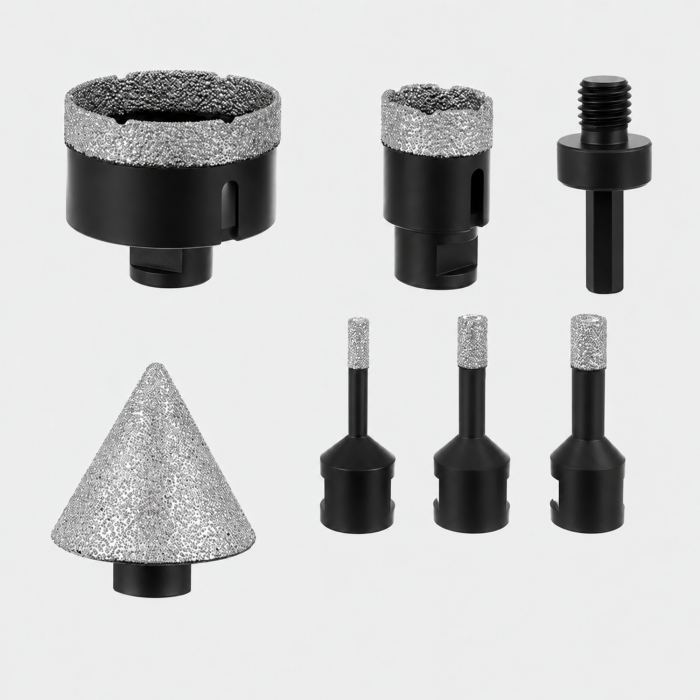 Set carote diamantate VarioShop®, 5 bucati, M14, diametre 6/8/10/35/68 mm, freza conica 2-50 mm, strat diamantat 15 mm, adaptor si valiza inclusa [11]