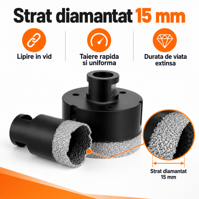 Set carote diamantate VarioShop®, 5 bucati, M14, diametre 6/8/10/35/68 mm, freza conica 2-50 mm, strat diamantat 15 mm, adaptor si valiza inclusa [9]